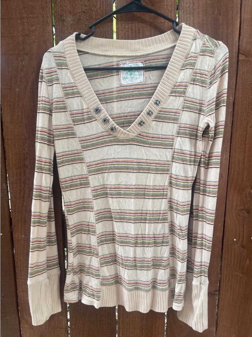 VTG Free People 90s Striped Fitted Boho Long Sleeve Scoop Neck Top Sz L